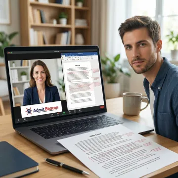 MBA coach reviewing essay drafts with a candidate on a video call