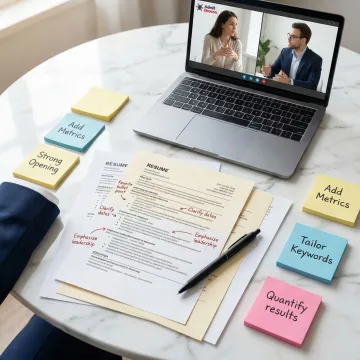 Step-by-step resume writing process illustrated with documents and feedback notes