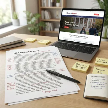 MBA application audit session with annotated essays and feedback notes