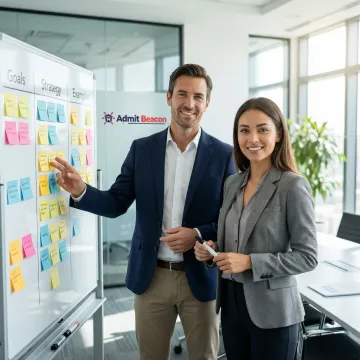 MBA consultant and applicant reviewing essay storyboard on a whiteboard