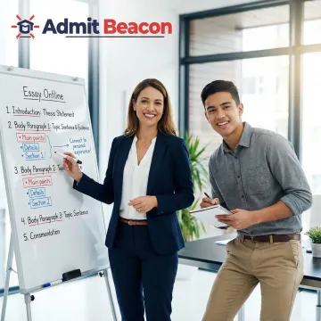 Consultant and MBA applicant reviewing essay outline steps on a whiteboard