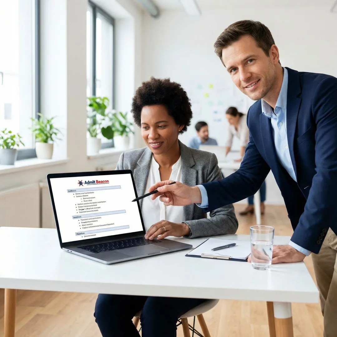MBA applicant working through career narrative steps with a consultant on a laptop