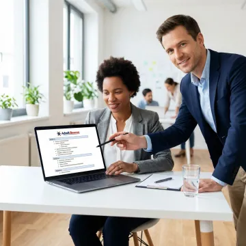 MBA applicant working through career narrative steps with a consultant on a laptop