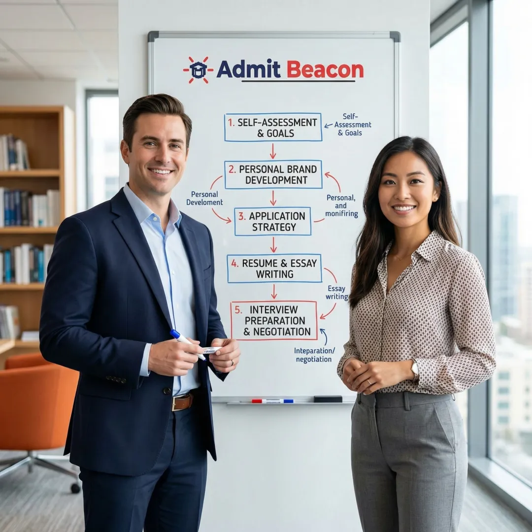 MBA consultant and applicant reviewing application strategy steps on a whiteboard