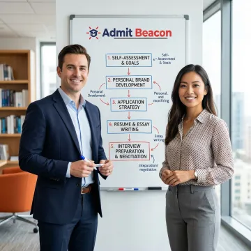 MBA consultant and applicant reviewing application strategy steps on a whiteboard