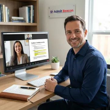 Consultant and MBA candidate on a video call reviewing interview feedback notes on screen