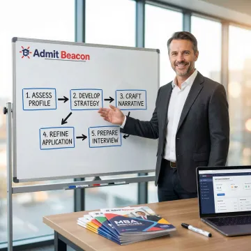 Step-by-step MBA scholarship appeal process illustrated on a whiteboard