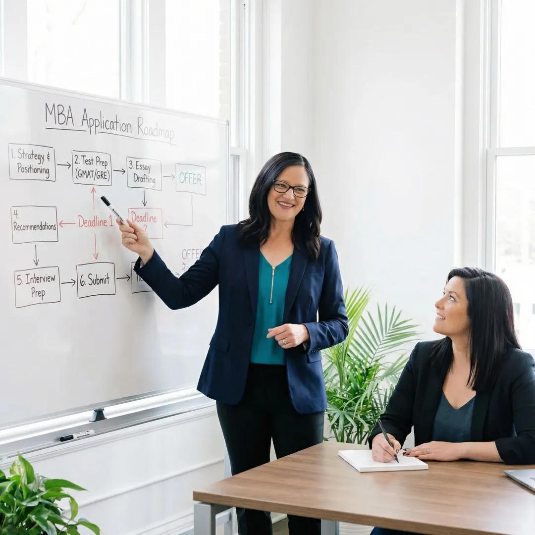 Step-by-step MBA application coaching process with consultant and candidate