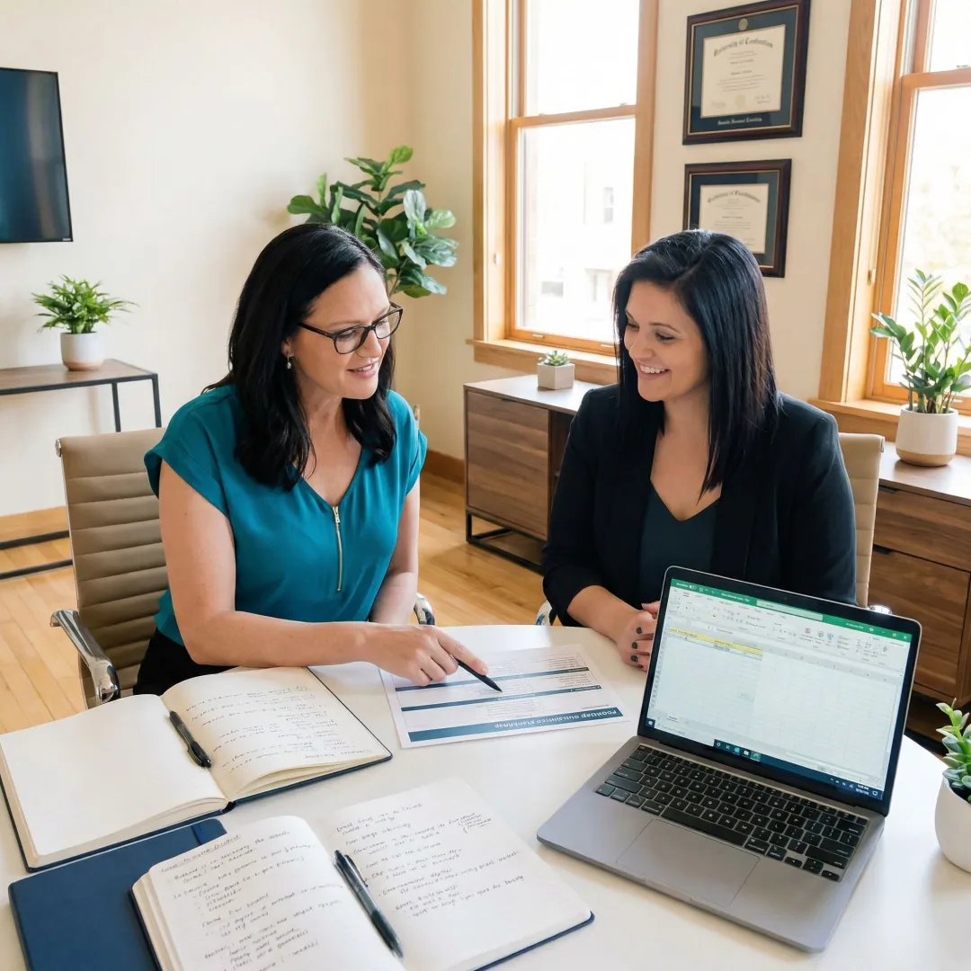 Step-by-step MBA interview coaching process shown with a coach and applicant working through a structured plan
