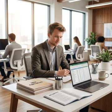 Young professional reviewing MBA application documents at a desk