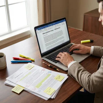 MBA applicant working on application essays with consultant feedback notes