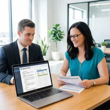 MBA applicant and admissions coach reviewing application steps on a laptop during a coaching session