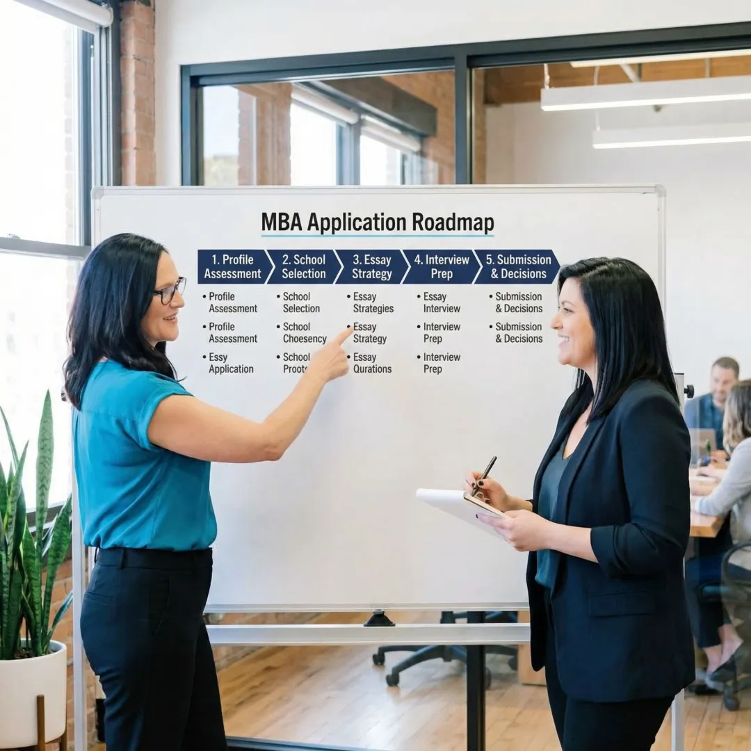 MBA consultant walking a marketing professional through a structured application process on a whiteboard