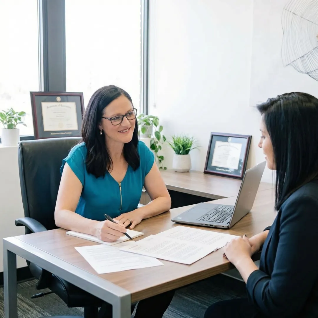 MBA consultant reviewing application documents with a candidate at a desk