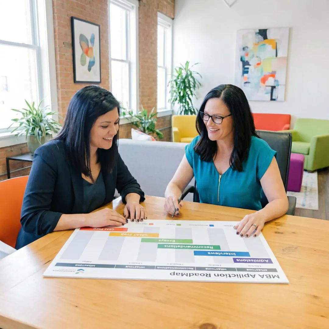 Consultant and MBA applicant reviewing a structured application roadmap step by step
