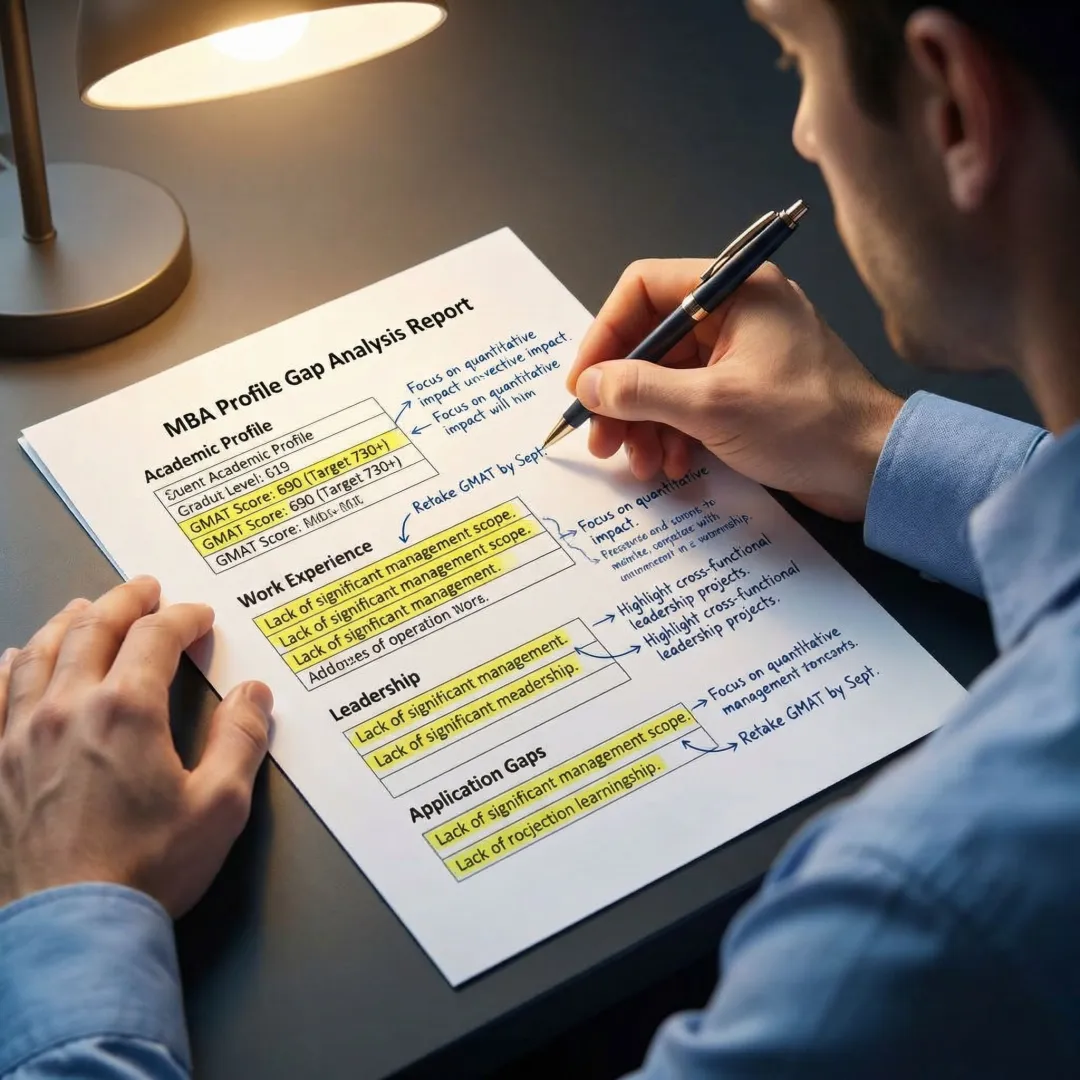 MBA applicant reviewing a personalized gap analysis report with a consultant