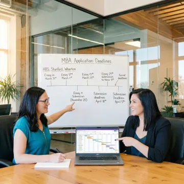 MBA consultant and applicant reviewing a structured application timeline together
