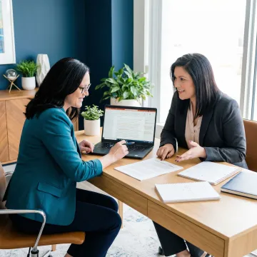 MBA consultant and applicant reviewing essay drafts on a laptop during a coaching session
