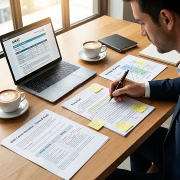 MBA applicant working on career pivot narrative with strategic notes and essay drafts on desk