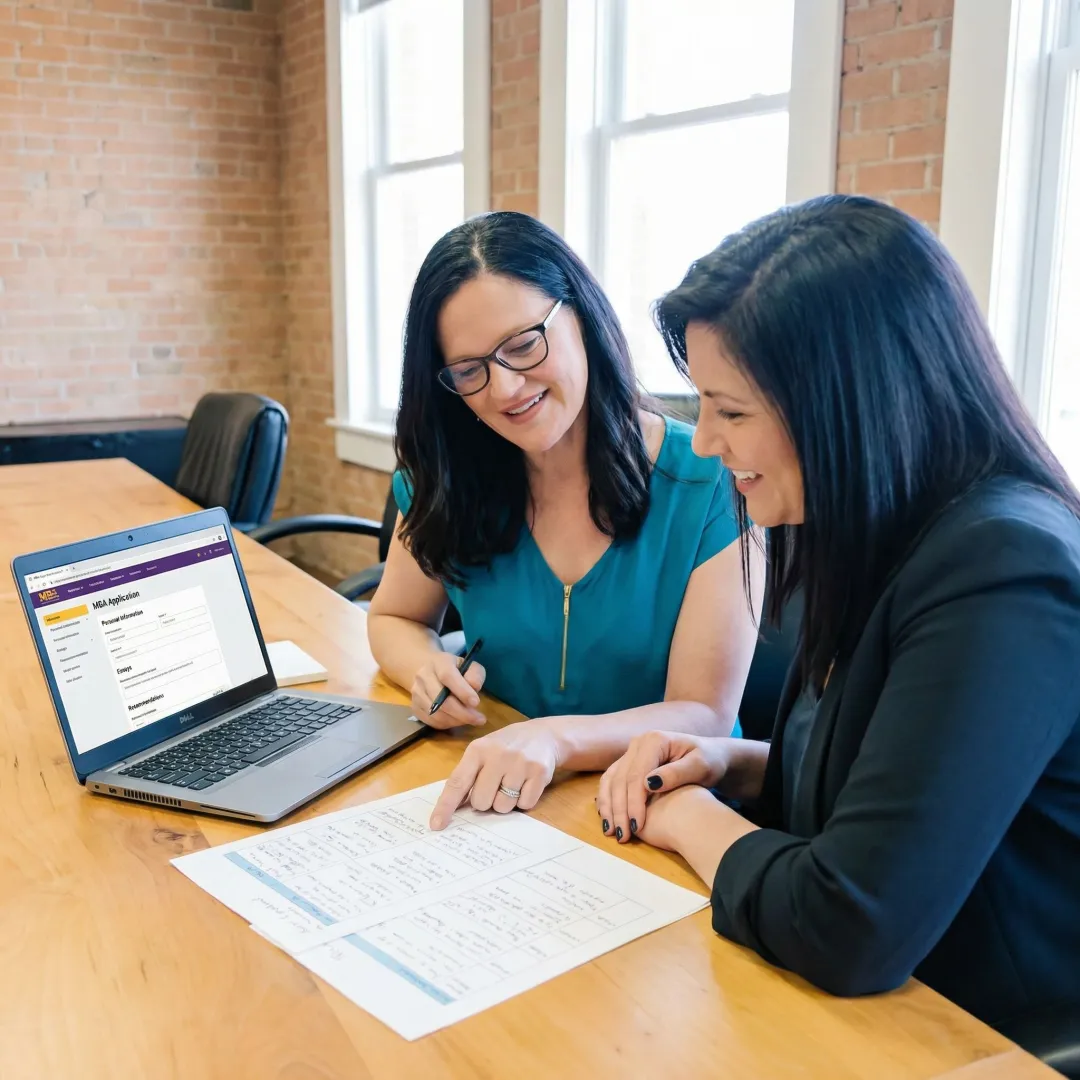 Professional mentor reviewing a recommendation letter brief with an MBA applicant