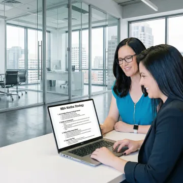 Consultant and MBA applicant working through a structured waitlist action plan on a laptop