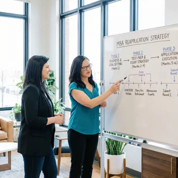 Consultant walking an MBA reapplicant through a structured five-step recovery plan on a whiteboard