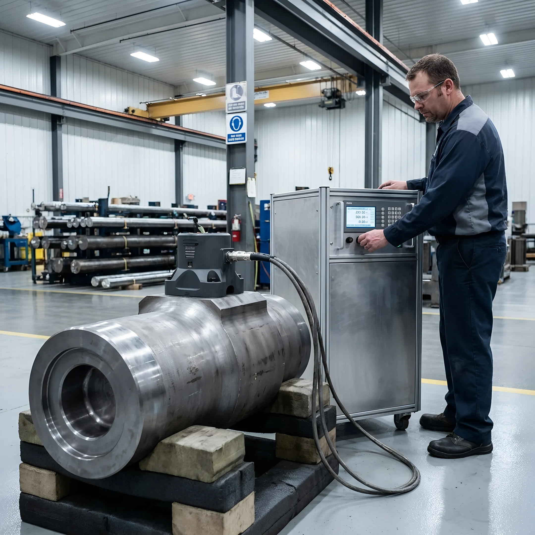 Technician monitoring vibration treatment on a metal component