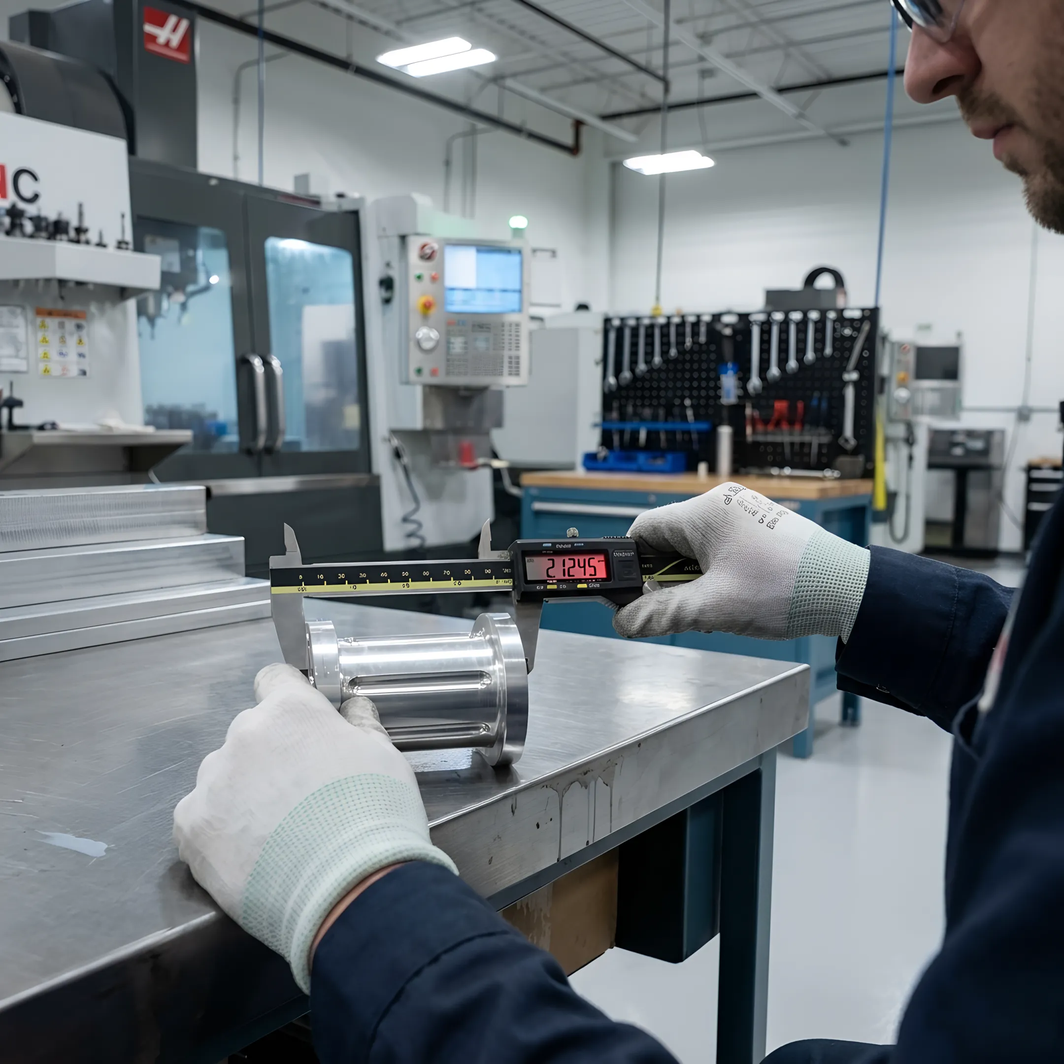 Technician inspecting a precision-machined metal component