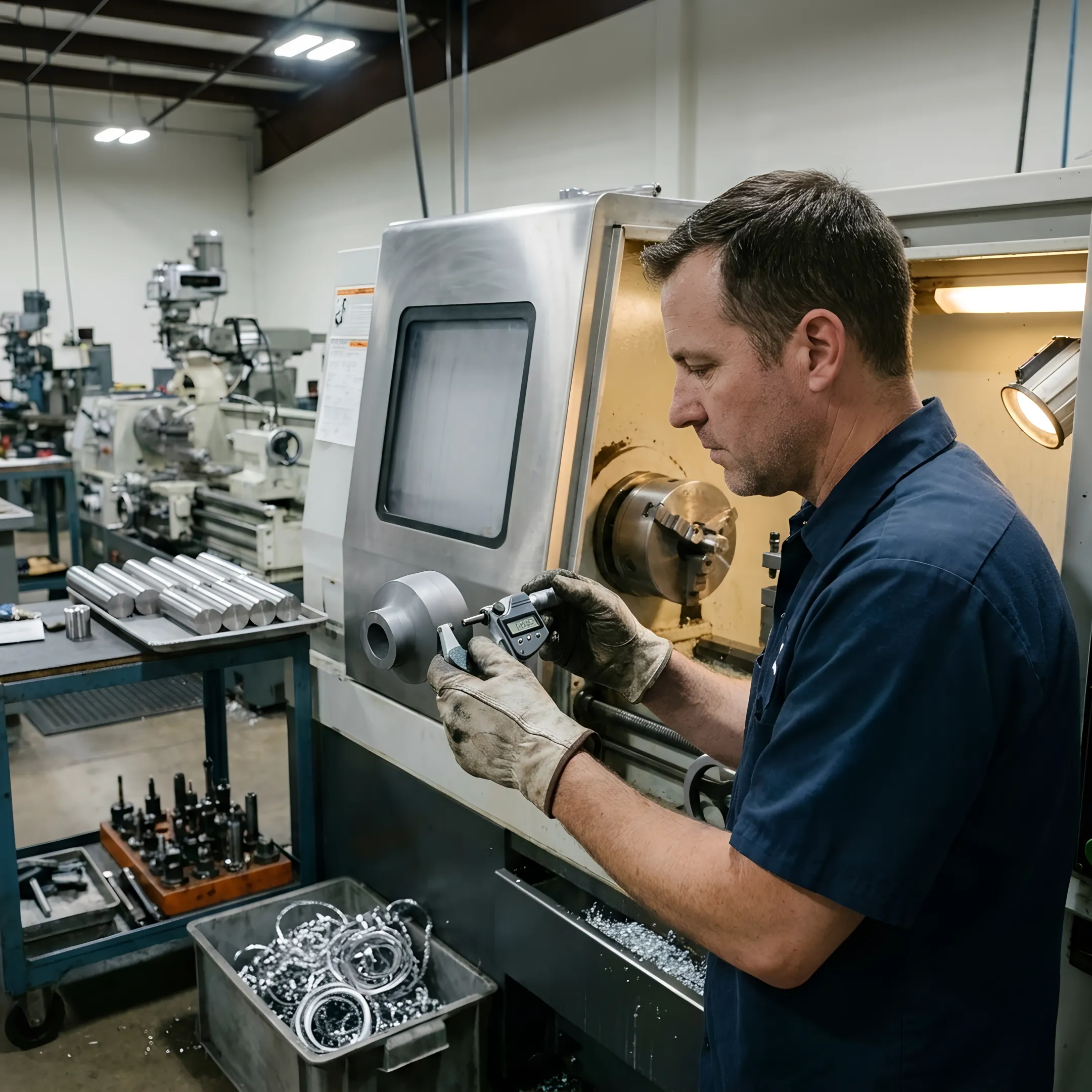 Technician measuring a turned alloy part