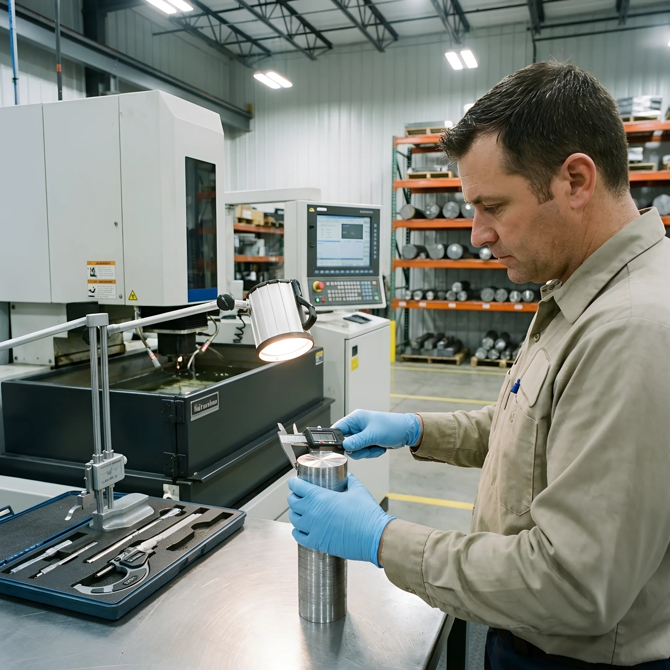 Technician inspecting a precision machined metal part