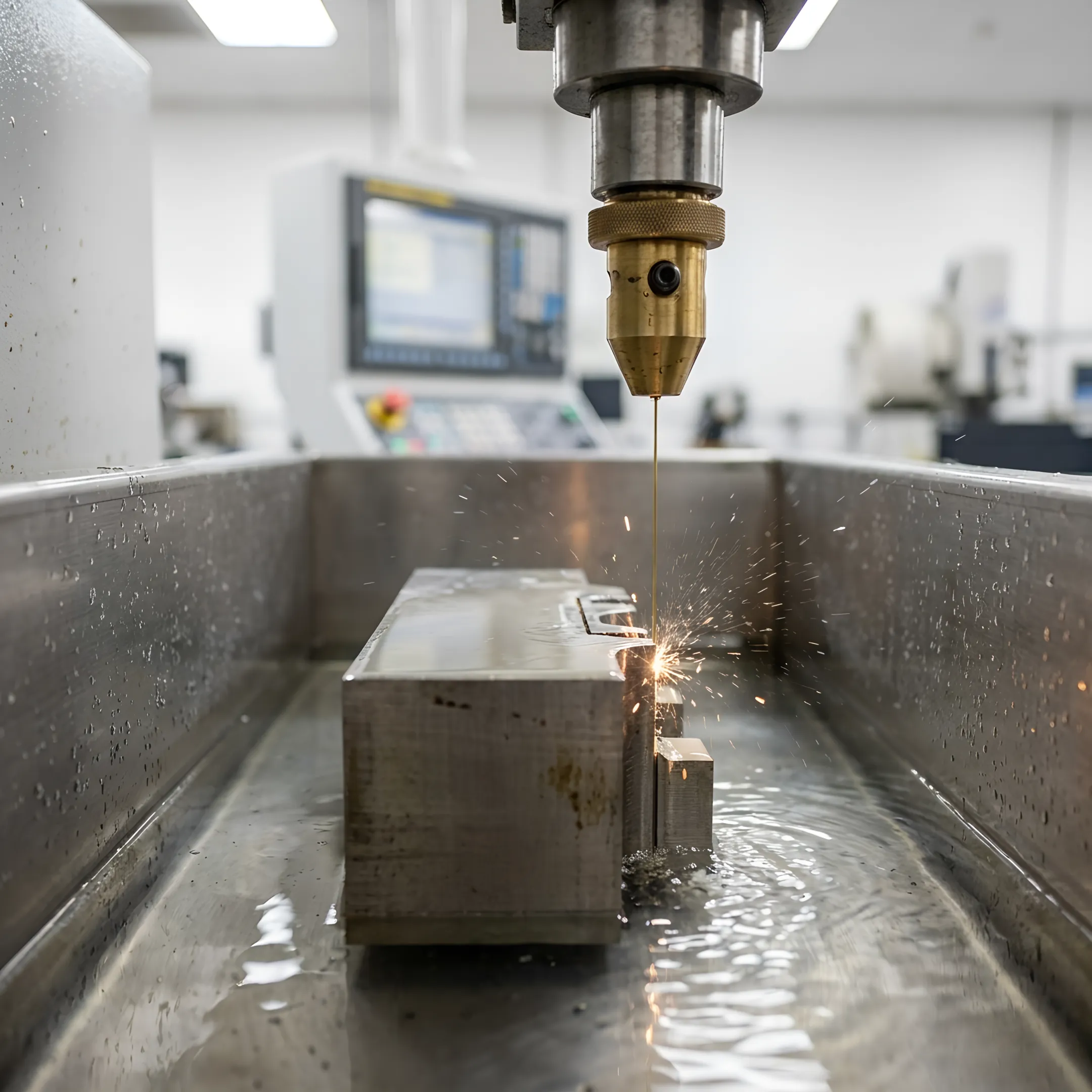 Wire EDM machine cutting a precision metal component