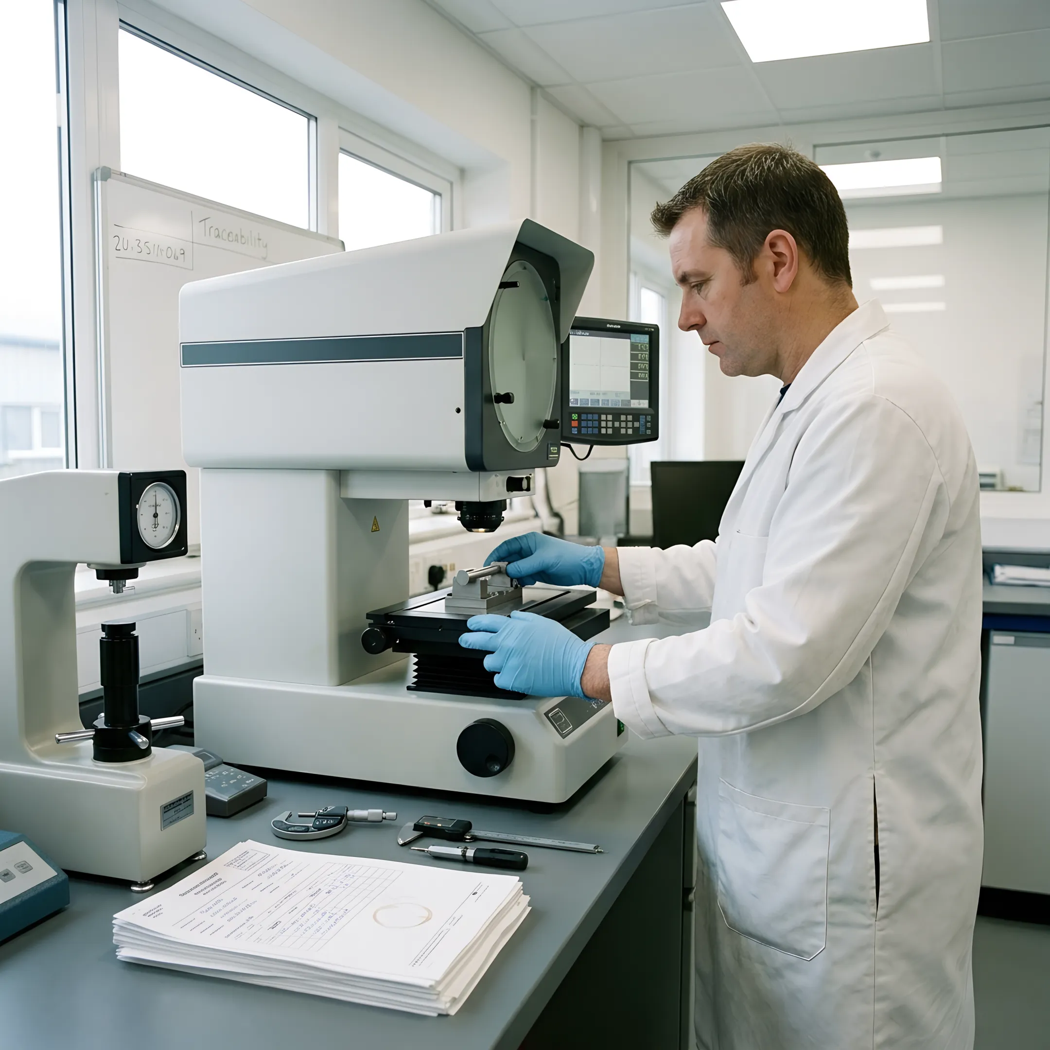 Technician examining a metal test specimen in a materials laboratory