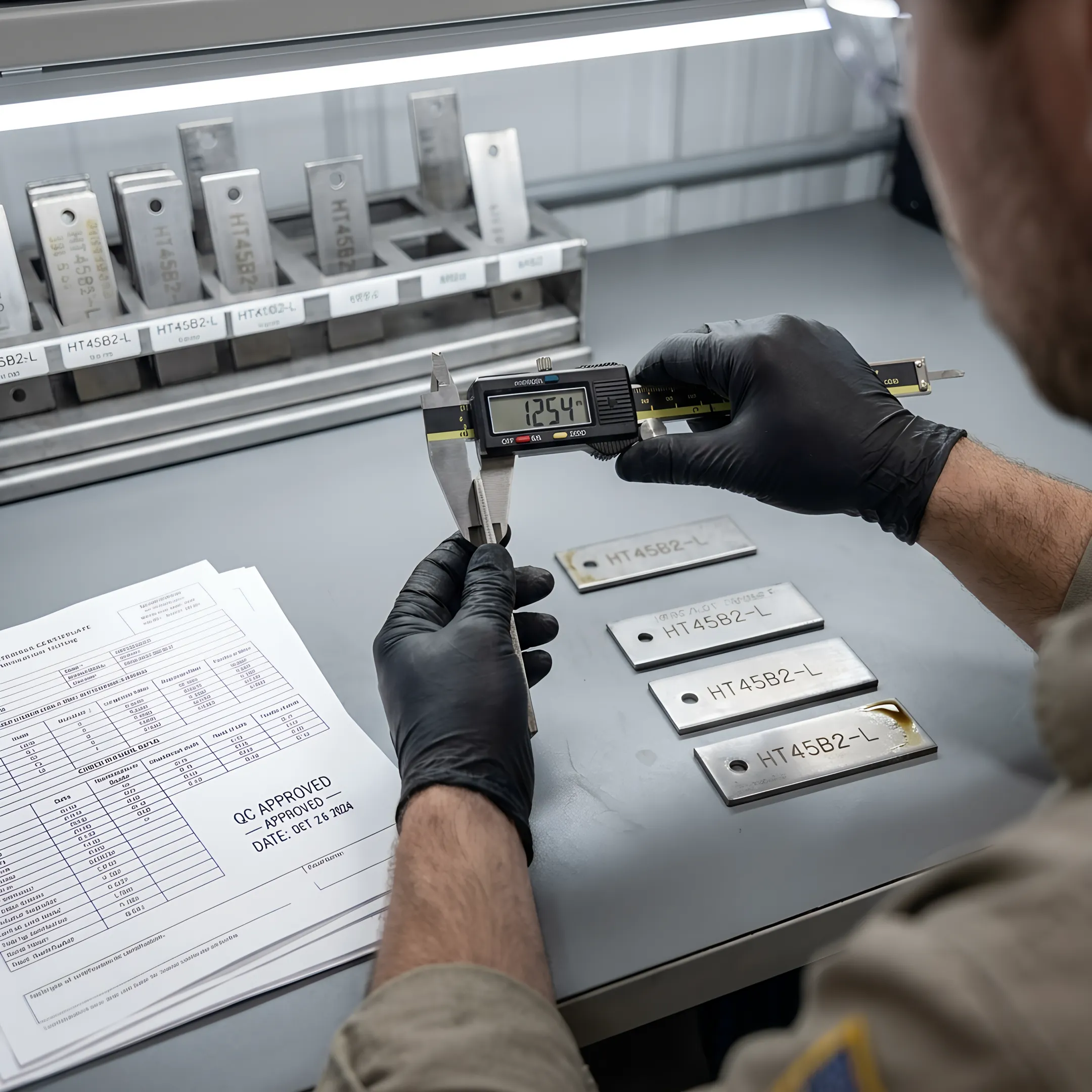 Material test sample and compliance documents on a laboratory workbench