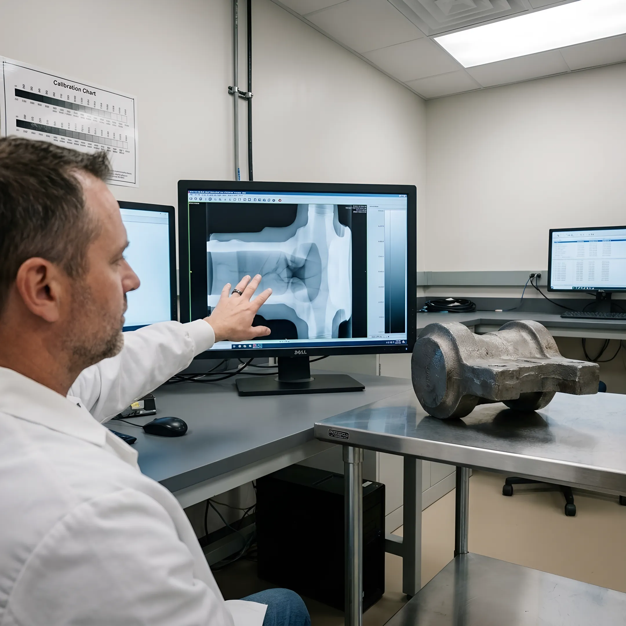Technician reviewing an industrial X-ray image of a metal component