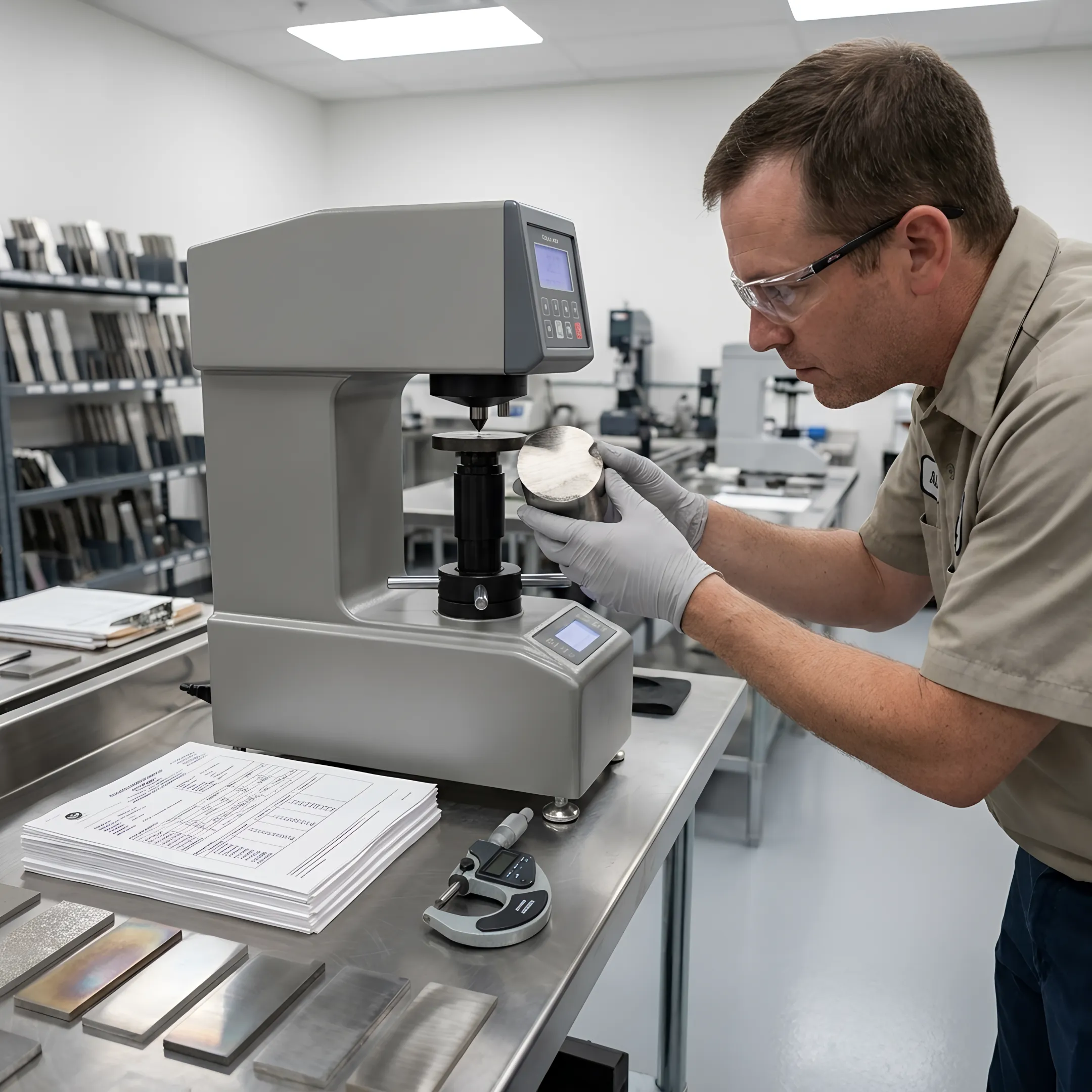 Technician inspecting a metal sample in a testing laboratory