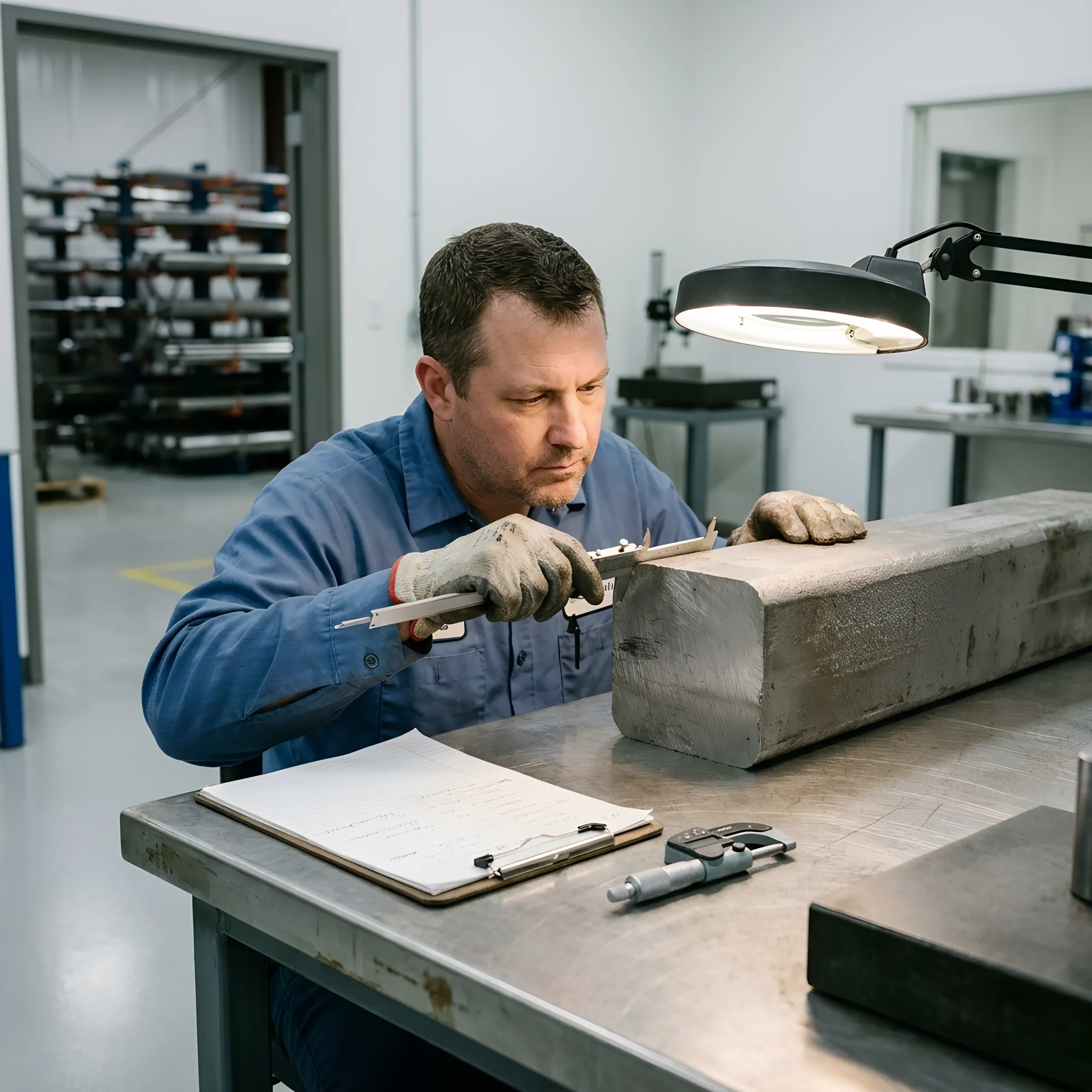 Technician inspecting a metal component