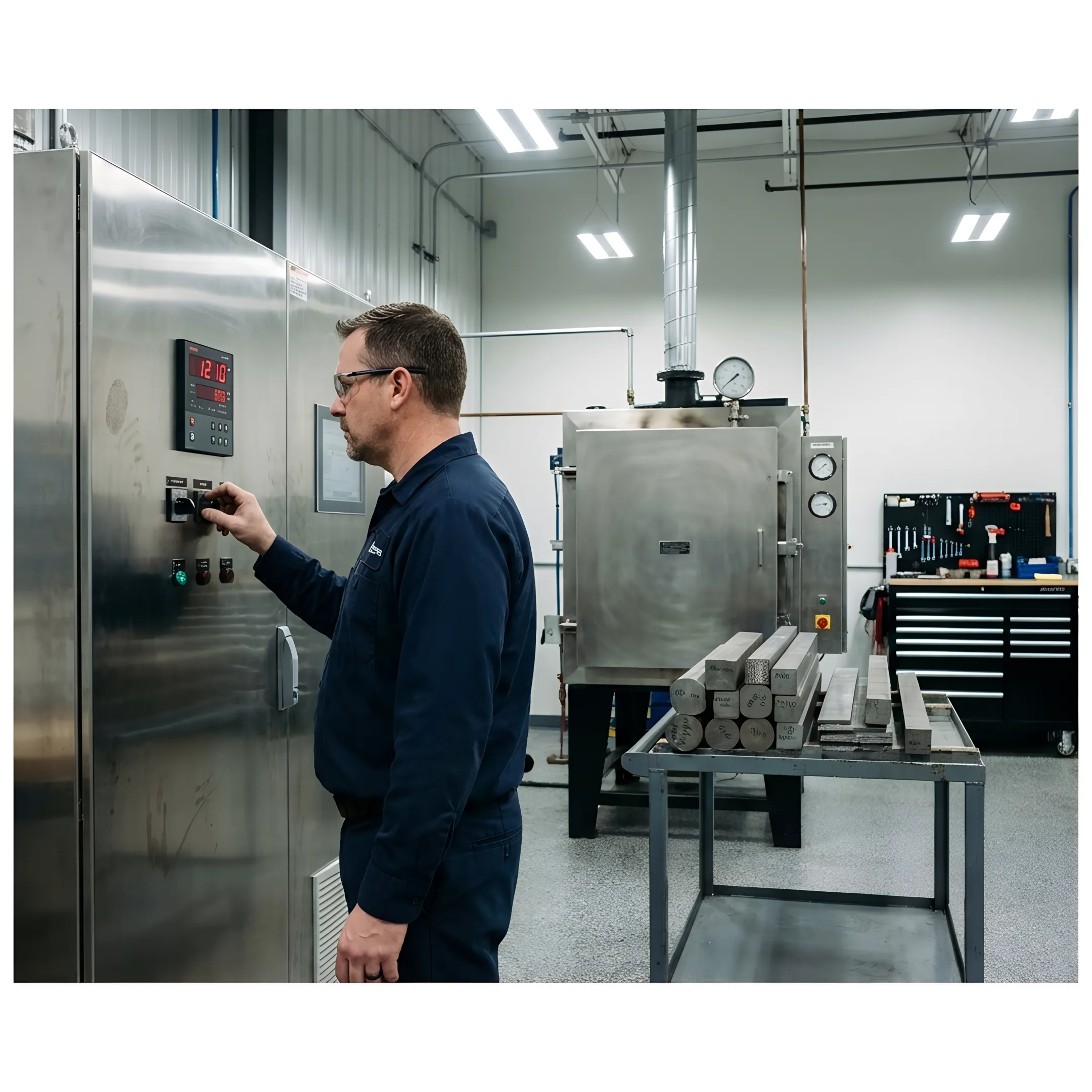 Technician monitoring a vacuum heat-treat furnace