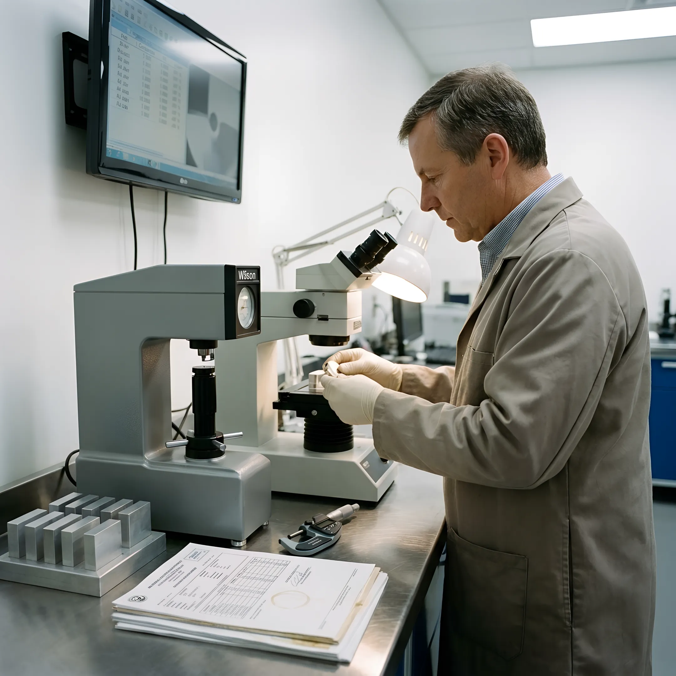 Technician analyzing a metal sample in a laboratory
