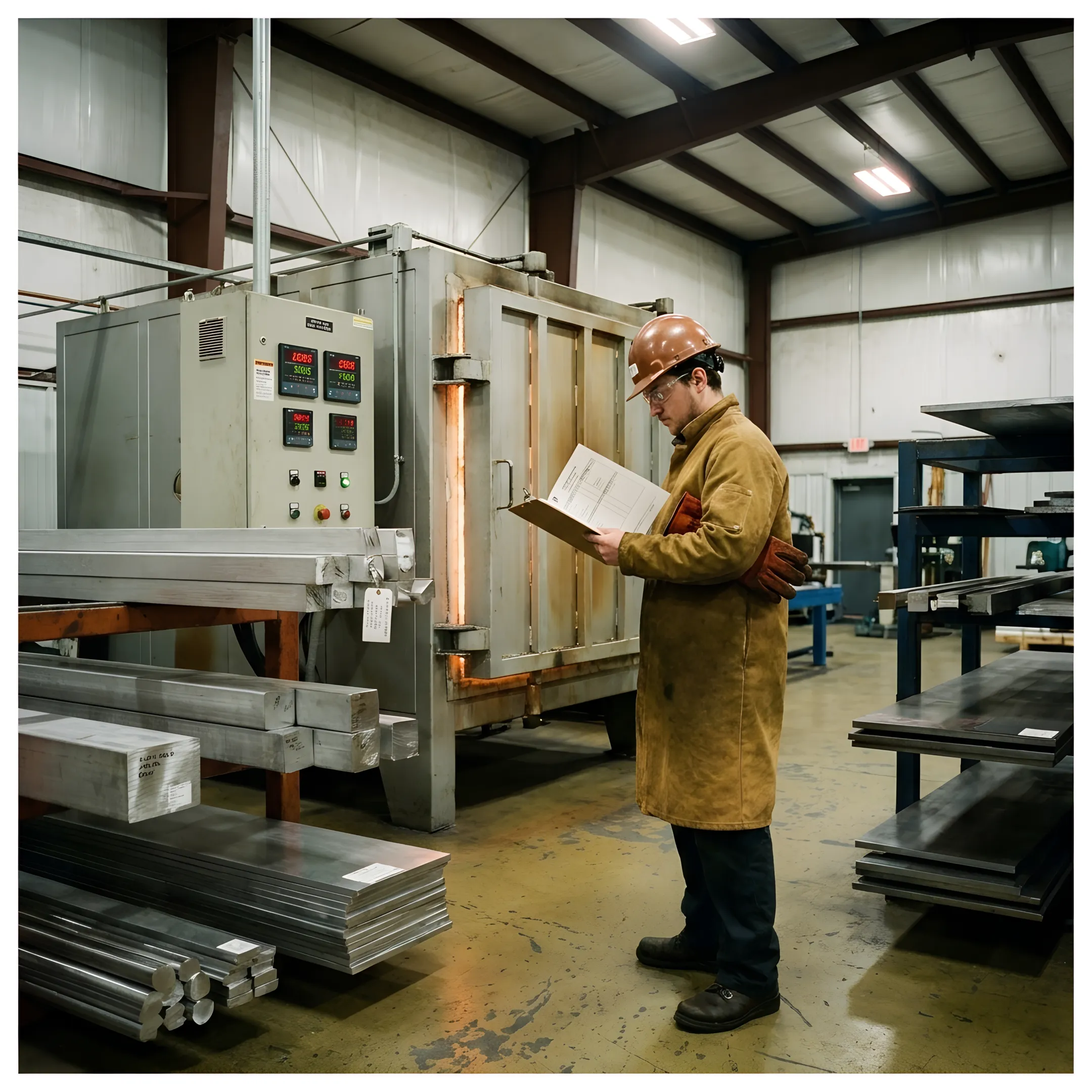 Technician reviewing aerospace heat treatment documentation