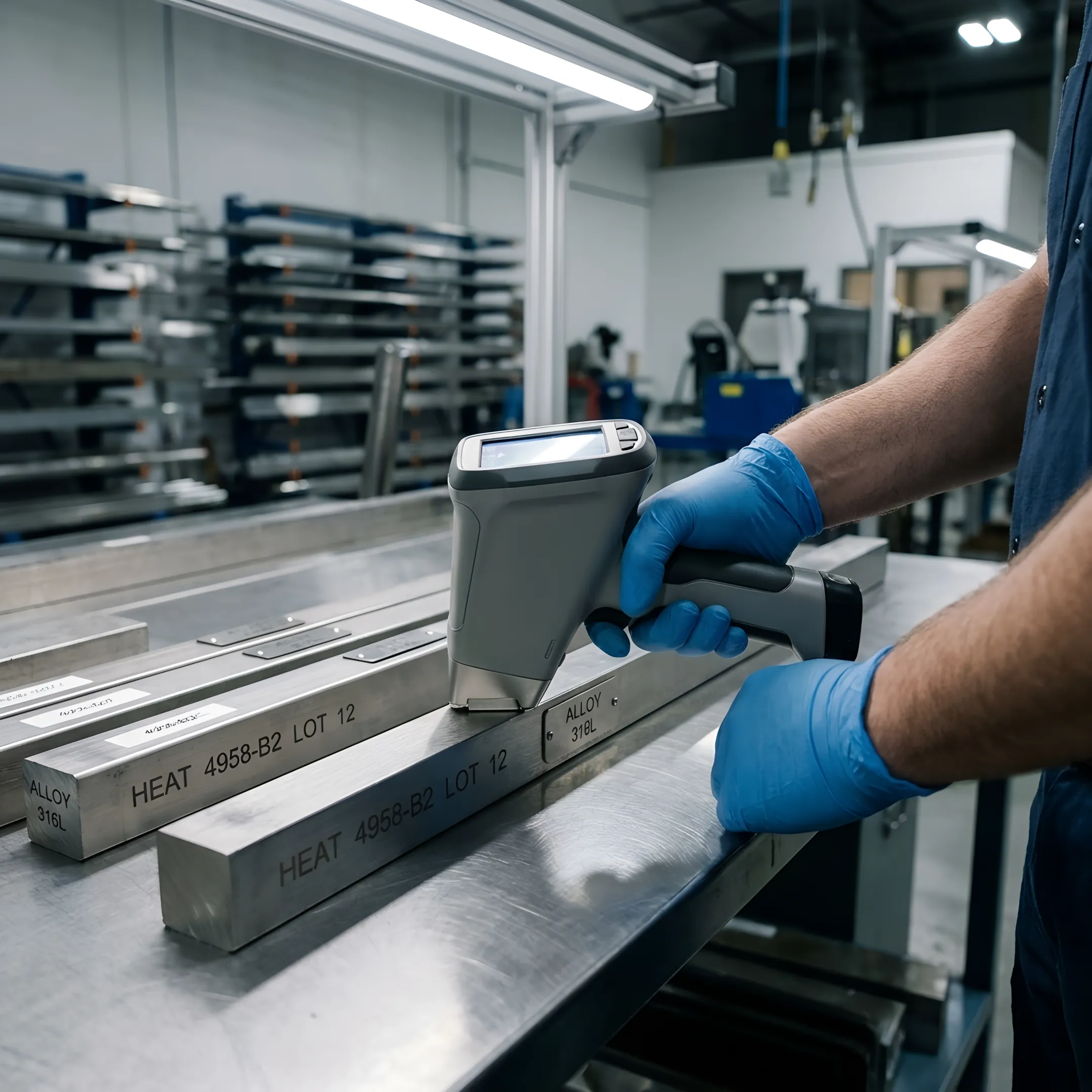 Technician performing PMI testing on metal alloy
