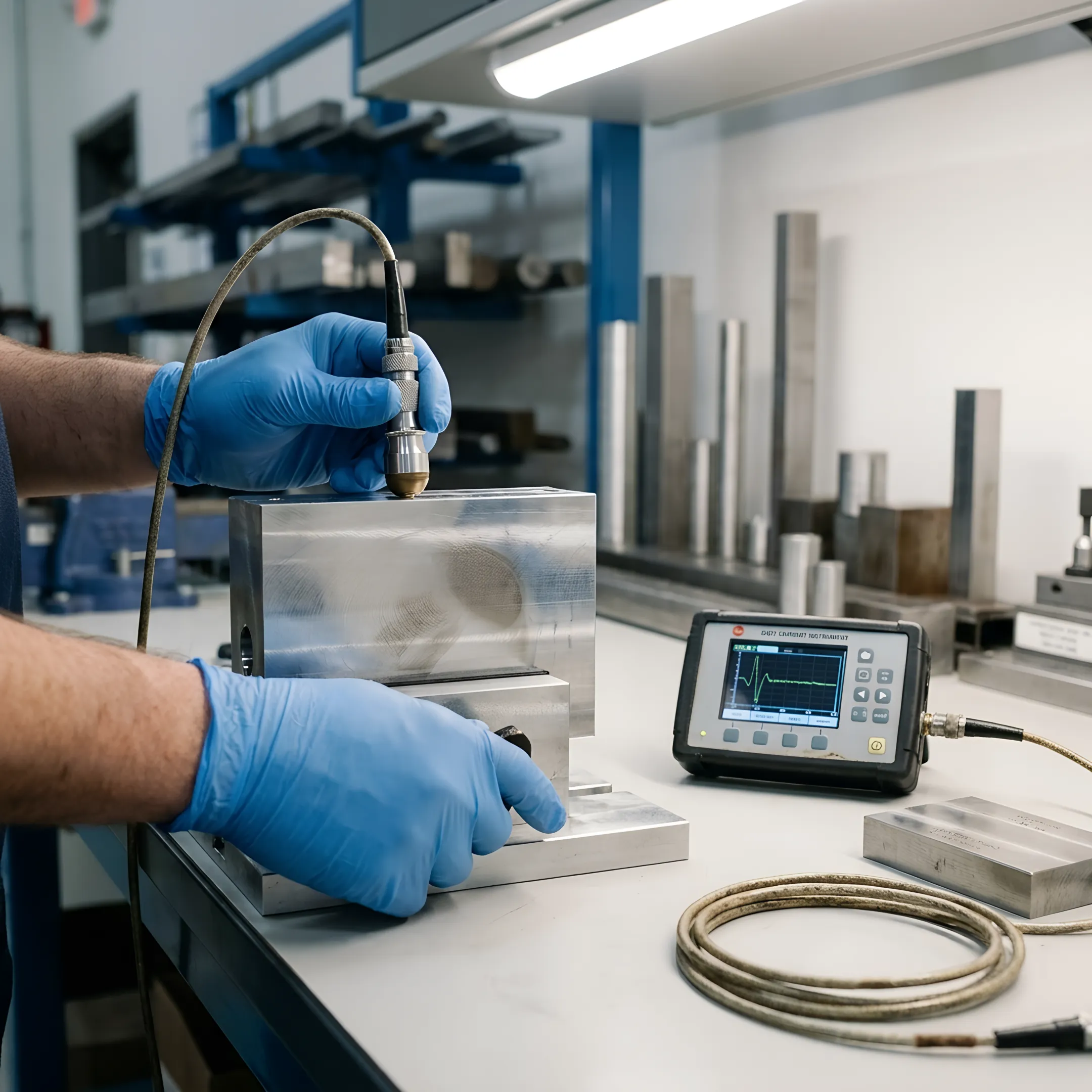 Technician performing eddy current inspection on a metal component