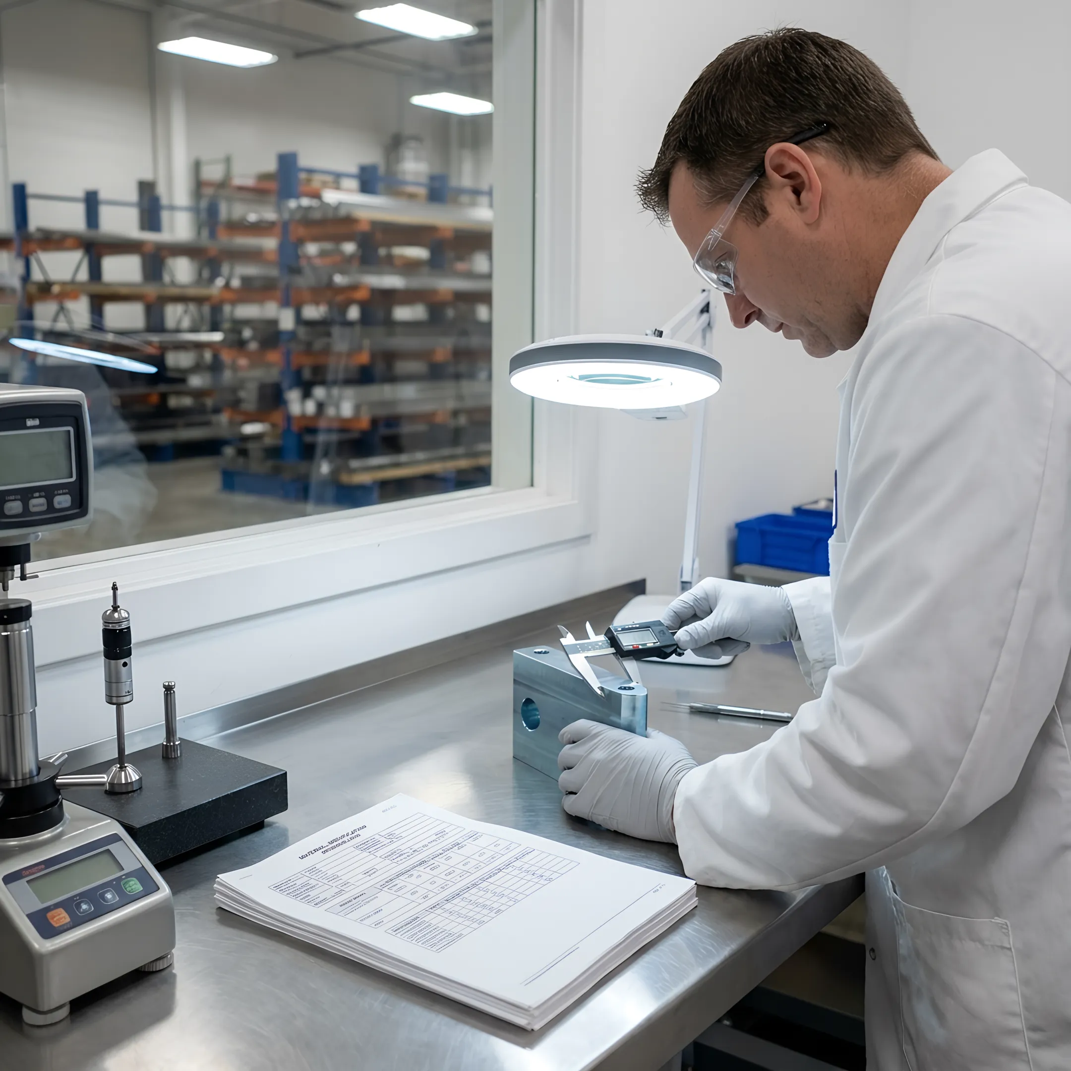 Quality specialist reviewing an alloy component for inspection
