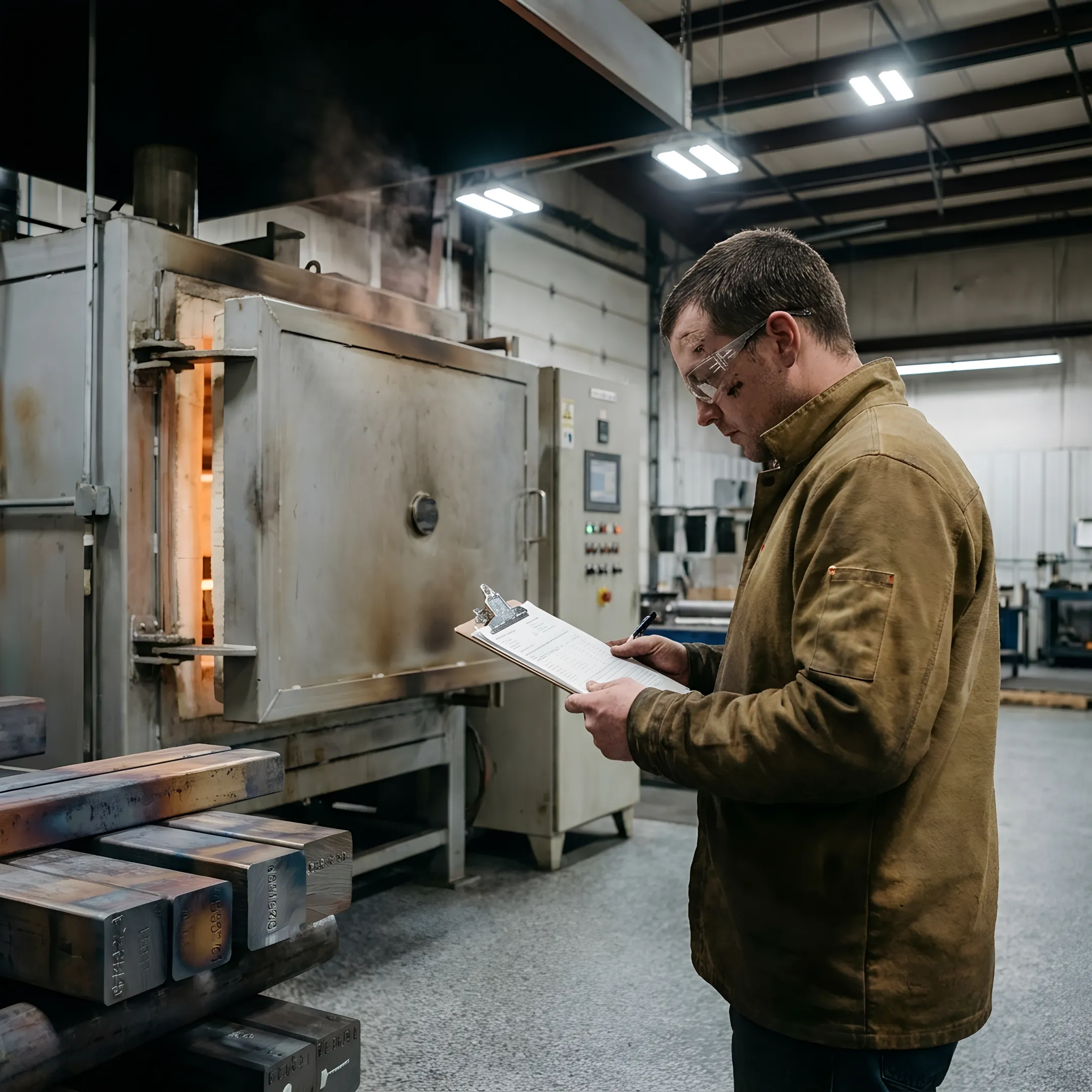 Technician reviewing aerospace alloy heat-treatment documentation