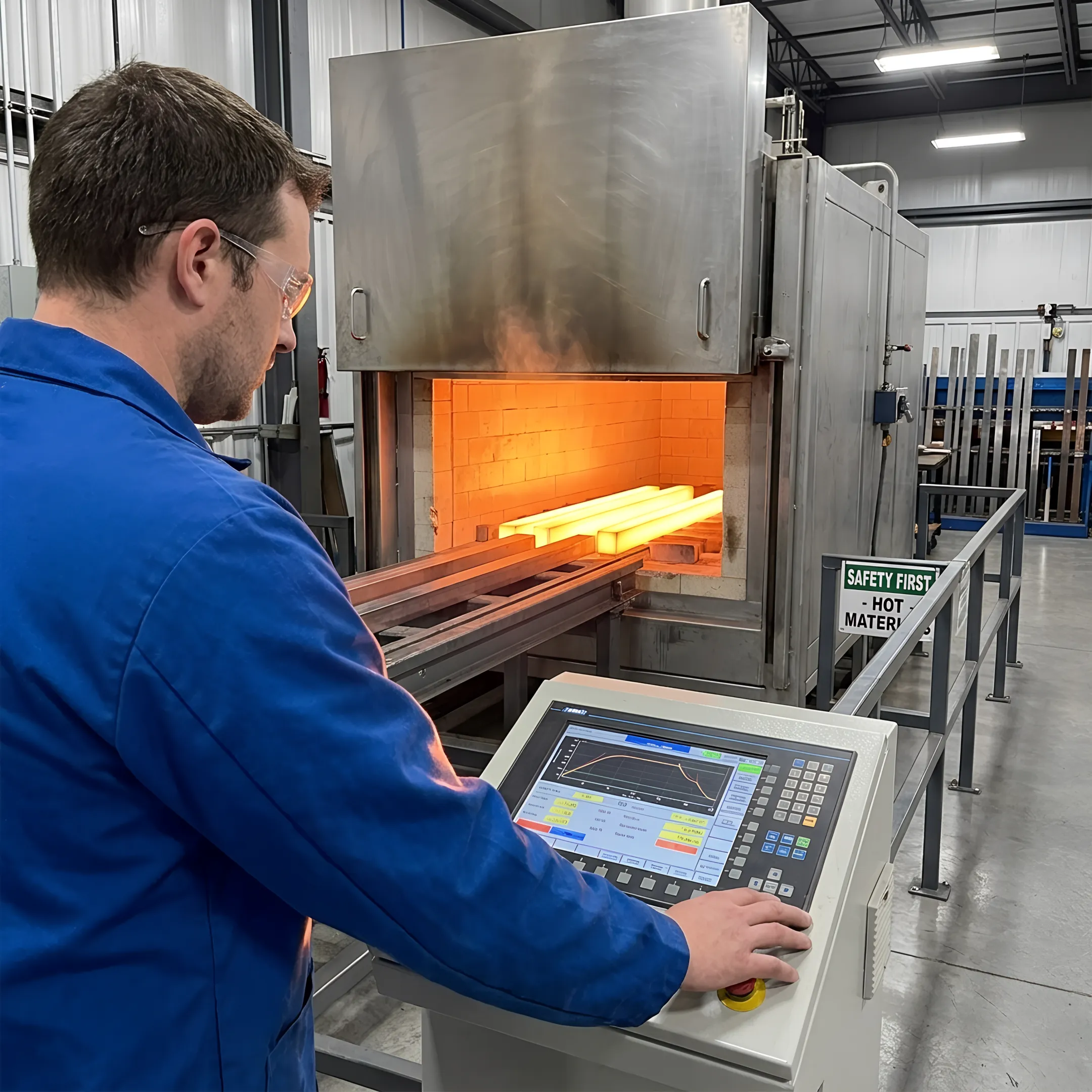 Technician monitoring an industrial heat treatment furnace