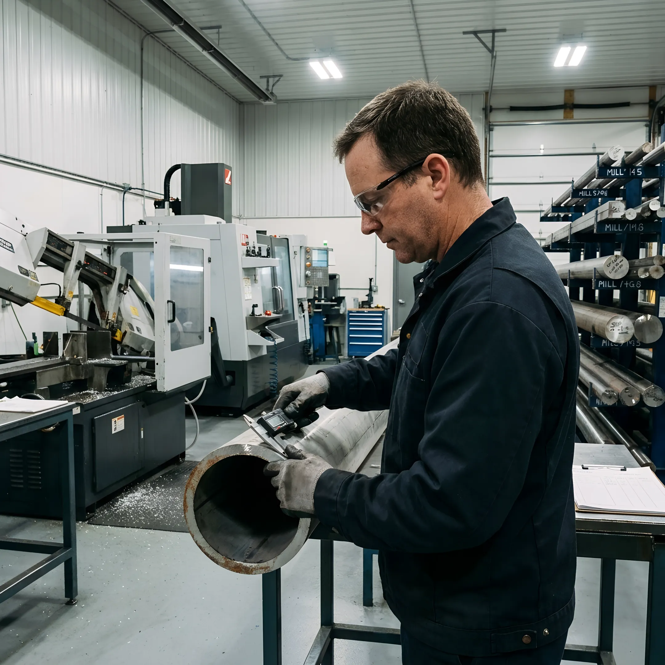 Technician measuring a precisely cut metal tube