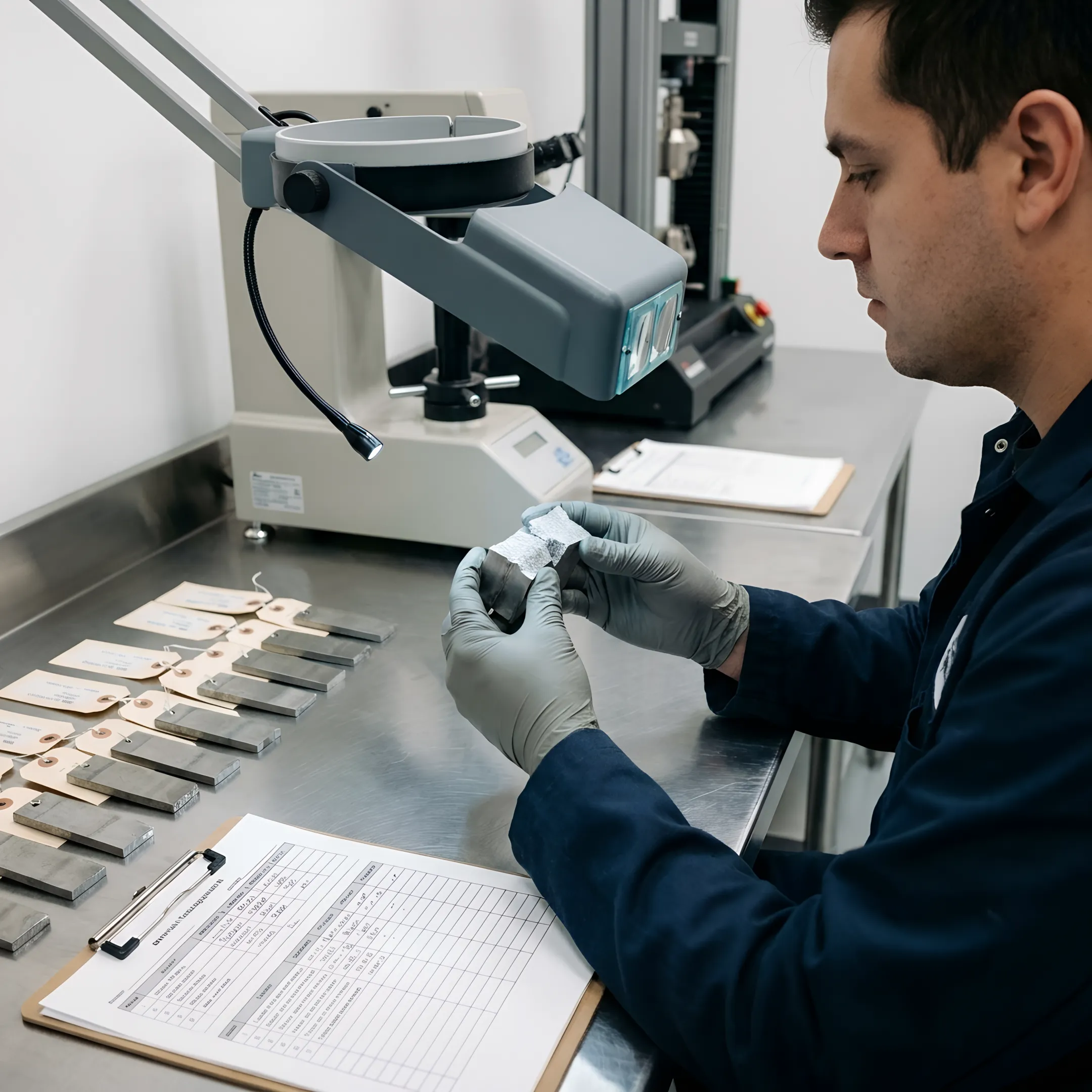 Technician examining a failed metal component