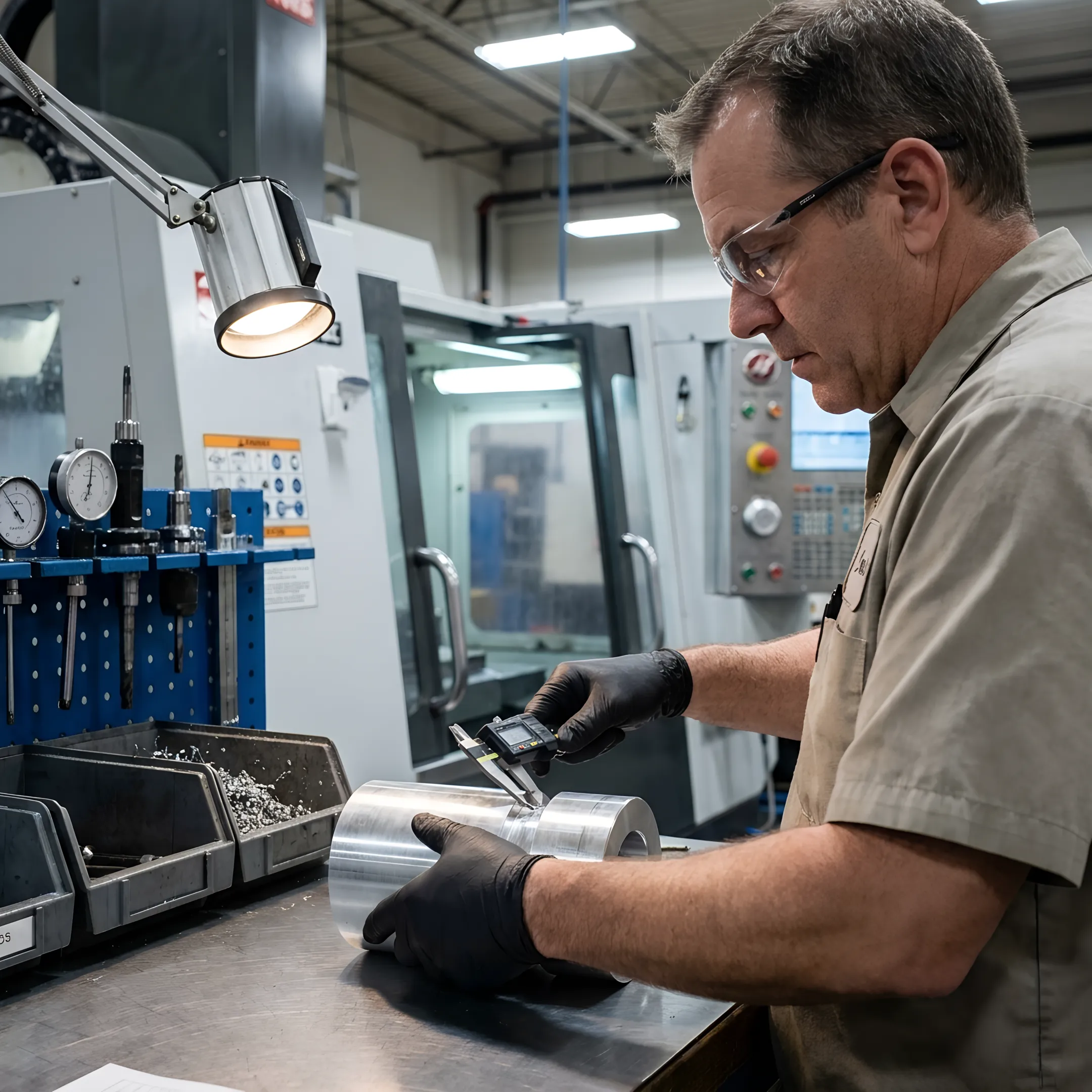 Machinist inspecting a precision alloy part