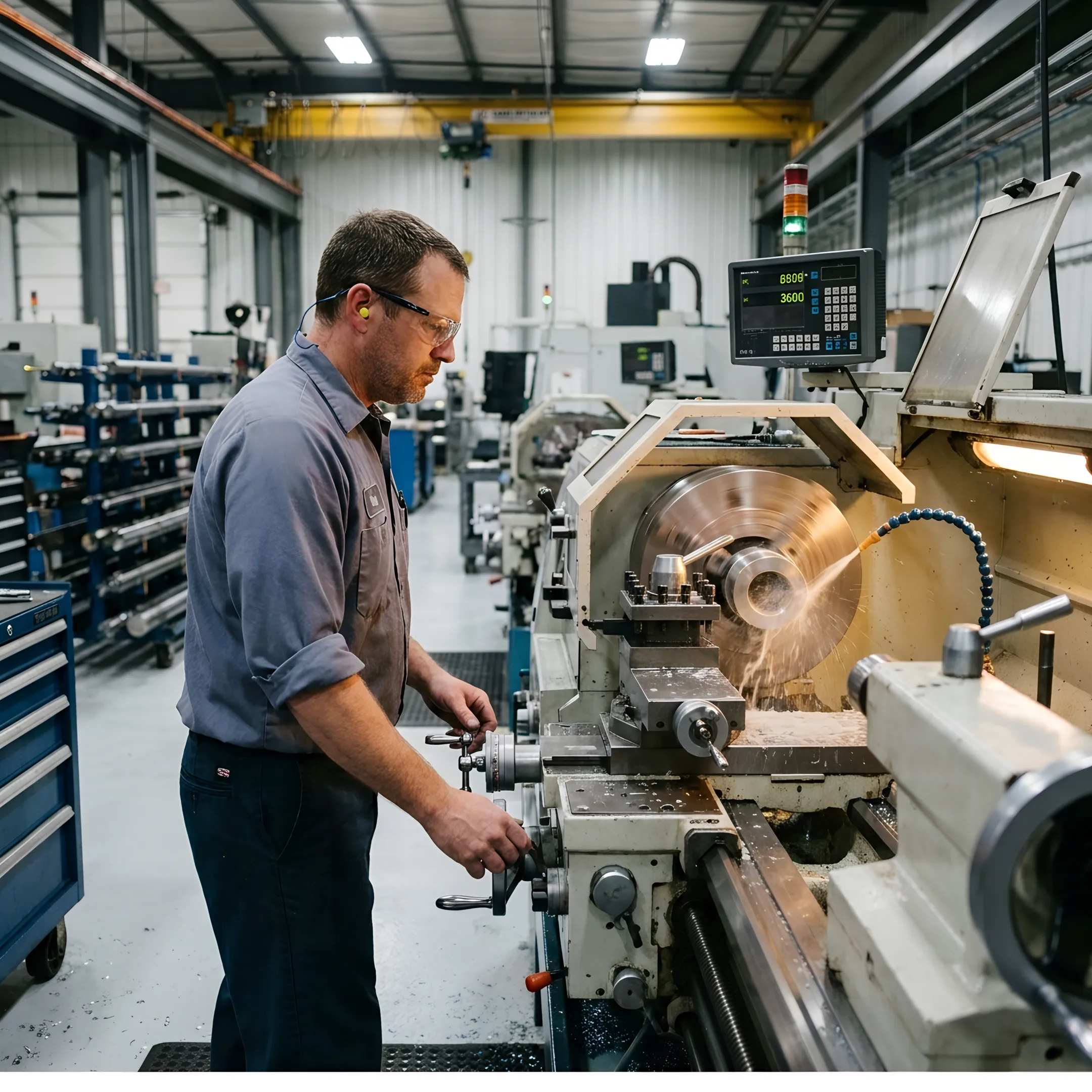 Machinist operating a large bore lathe