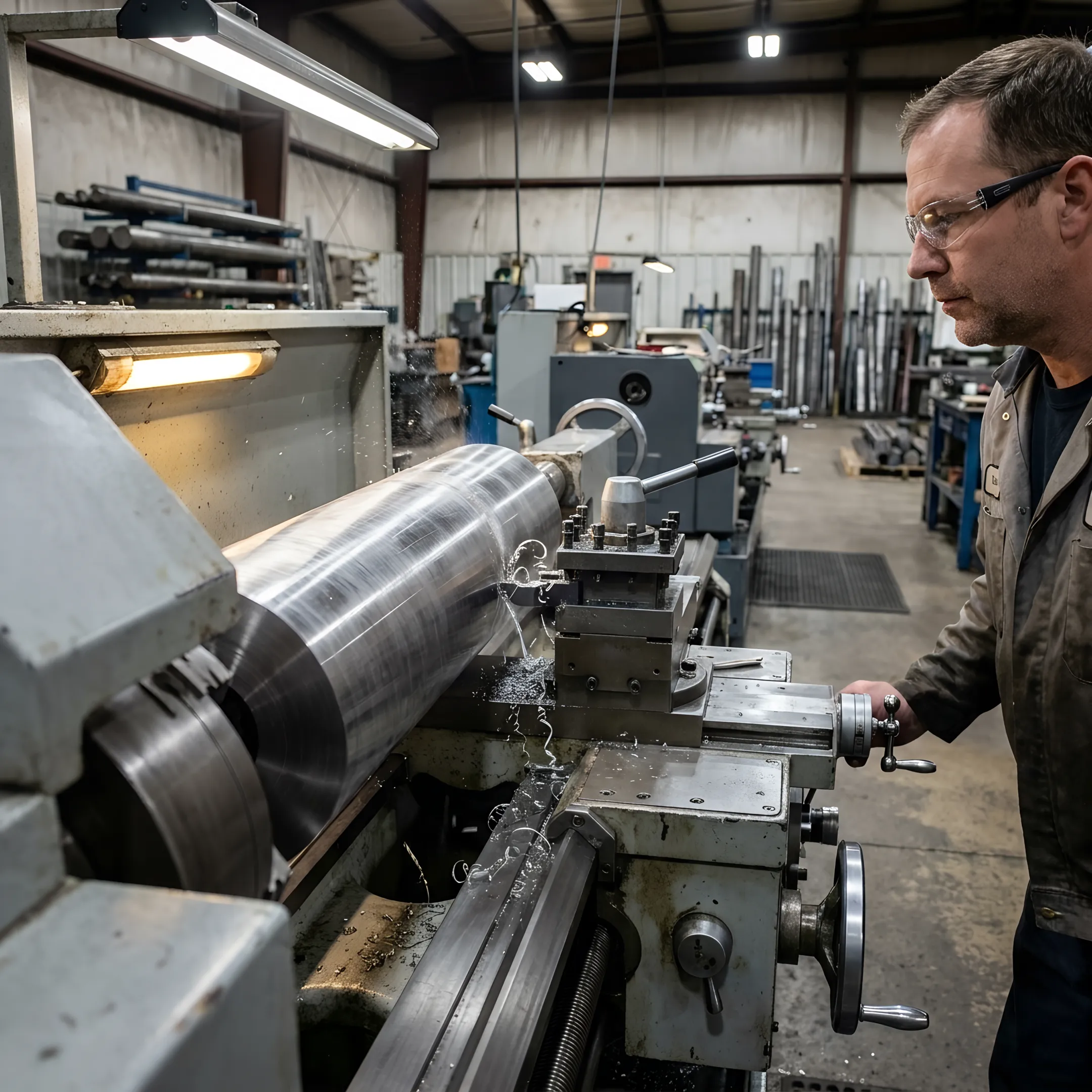 Large alloy component on a lathe