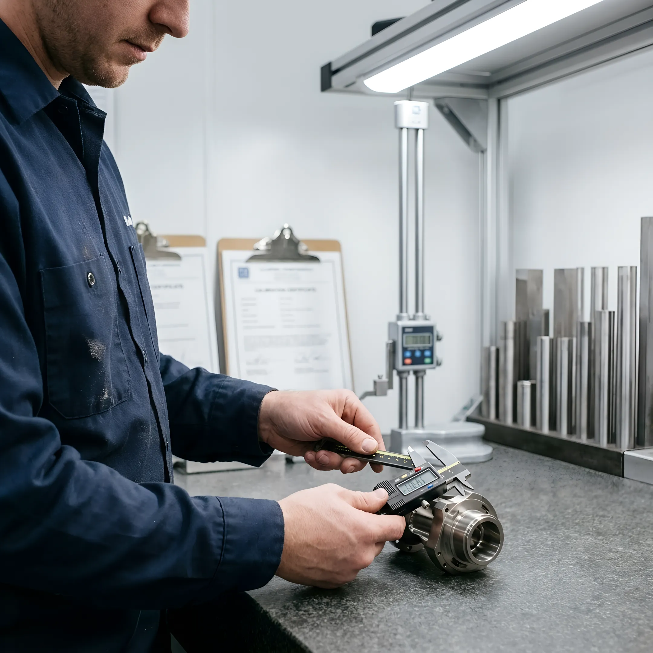 Technician inspecting a precision-machined aerospace component